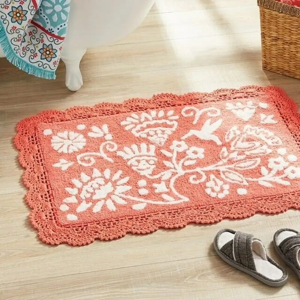 Pioneer Woman Bath Rug Mazie Floral Crochet Coral Cotton Orange 20